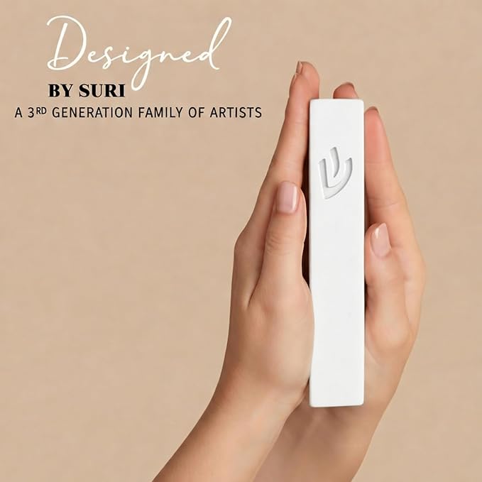 SURI Mezuzah for Door – 6 Inch White Concrete Mezuzah Case with Printed Scroll, Self-Stick Jewish Entry Design, Fits a 5 Inch Scroll, Gift Box Included