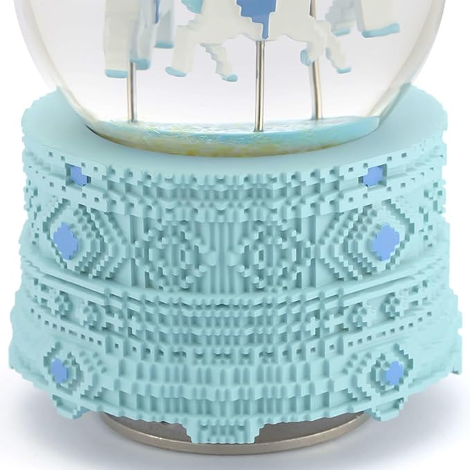 Pixel-Design Carousel Snow Globe Music Box, Compact Decorative Gift for Collectors and Creative Spaces, Light Blue Edition, Plays Toyland Melody
