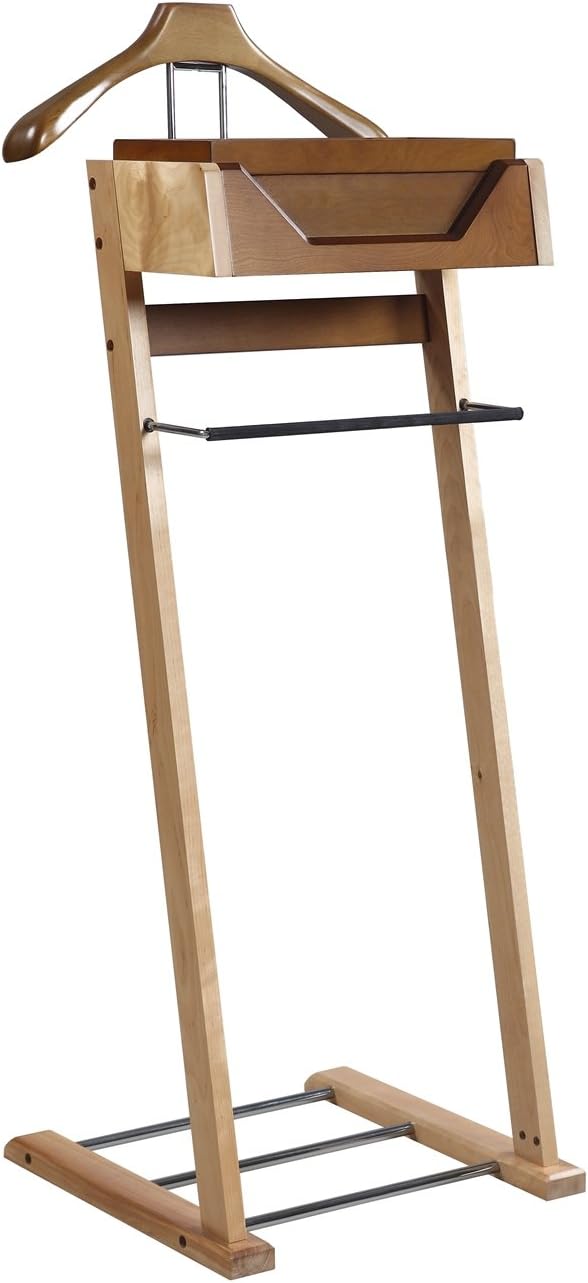 Proman Products Newport Suite Men Wooden Valet Stand VL37034 with Top Tray, Contour Hanger, Trouser Bar, and Shoe Rack, 18" W x 16" D x 46" H, Light Walnut