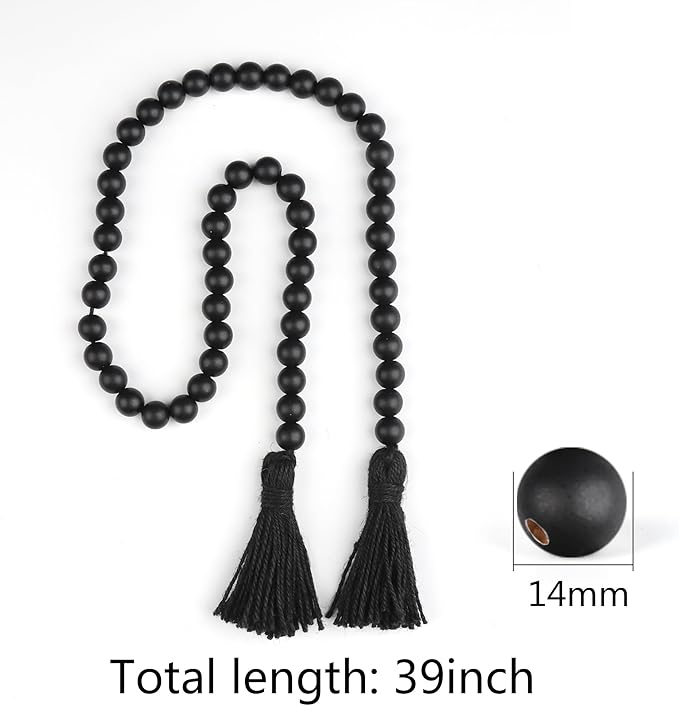 RAMIRABI Wood Beads Garland with Tassels Farmhouse Rustic Prayer Boho Beads for Boho Home Decor, Wall Hanging Decoration (Black)