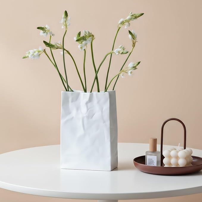 Crinkle Paper Bag Ceramic Vase, 7.8 Inch Square Wide Mouth Pleated Planter, Unique White Matte Vase, Minimalist Boho Pot for Flower Arrangement Table Centerpiece Home Office Bookshelf Decor