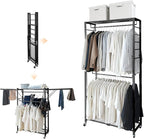 lumizone Folding Clothing Rack with Wheels Expandable Wardrobe Portable Clothes Rack for Hanging Clothes Adjustable Closet Shelves Garment Rack Durable Closet Racks for Hanging Clothes (Pro Black)