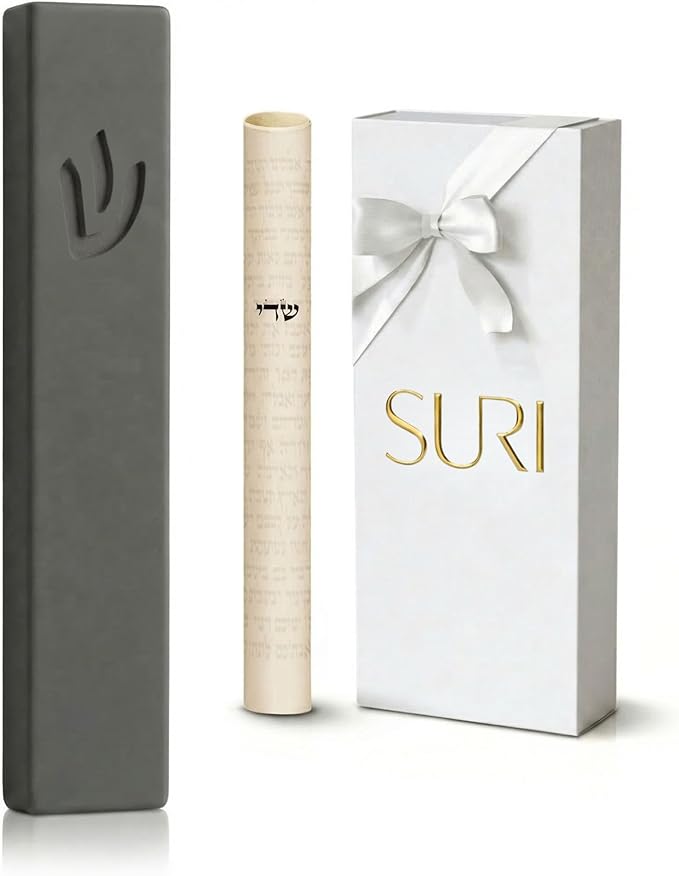 SURI Mezuzah for Door – 7 Inch Dark Gray Concrete Mezuzah Case with Printed Scroll, Self-Stick Jewish Entry Design, Fits a 6 Inch Scroll, Gift Box Included