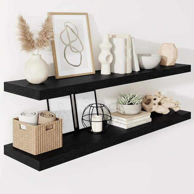 Vivelove 2 inch Thick Floating Shelves for Wall 48 Inches Long, 12" Deep Wall Shelves, for Bedroom, Bathroom, Living Room, Kitchen, Office, Modern Home Decor, 48" X 12" X 2", Set of 2, Black