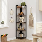 FATORRI Rustic Tall Corner Shelf, 5 Tier Industrial Corner Bookshelf for Living Room, Dark Wood and Metal Corner Plant Stand for Home Office (Walnut Brown)