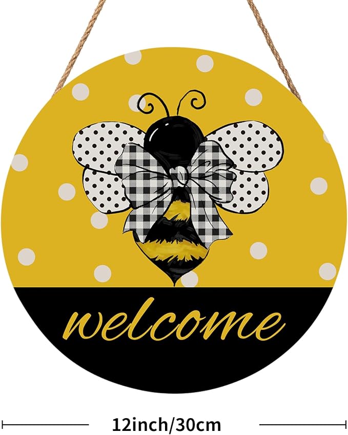 Bee Welcome Sign for Wreath Spring Summer Wooden Hanging Sign for Front Door Farmhouse Bumble Bee Decor Summer Door Hanger for Home Bedroom Living Room Indoor Outdoor Decorations 12"x12"