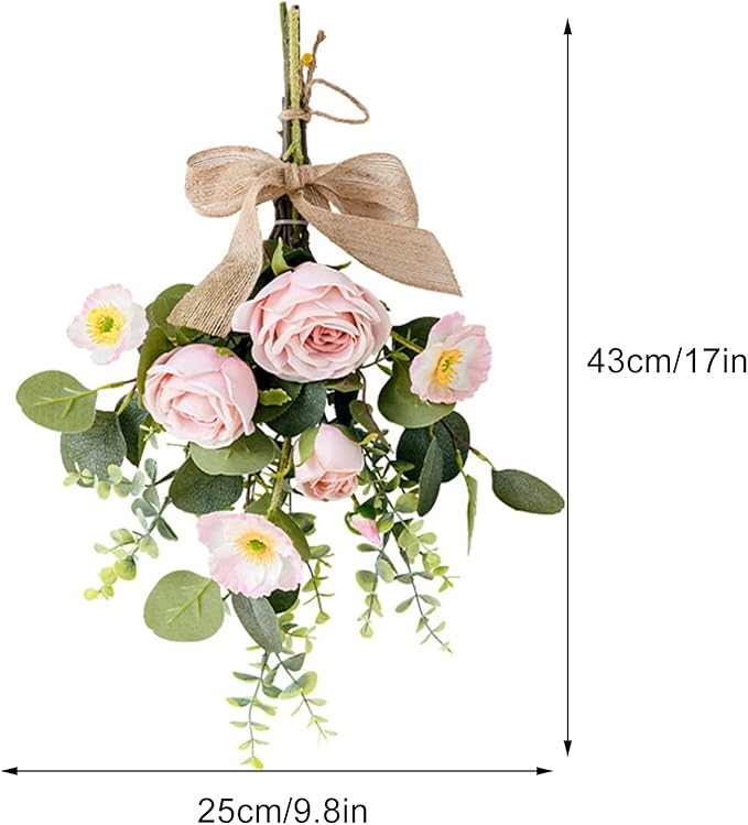 Artificial Teardrop Wreath, 17inch Decorative Swag with Flower and Eucalyptus Leaves, Hanging Simulation Flowers Bouquet, Spring Summer Wall Swag for Wedding Arch Wall Decor(#3)