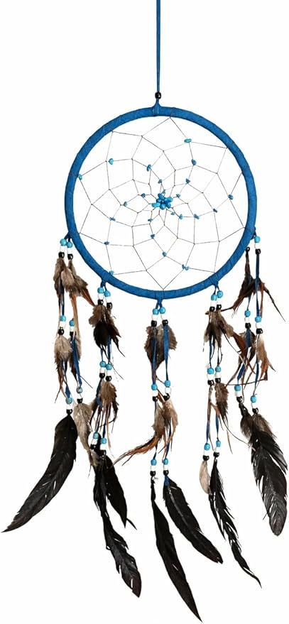 OMA Large Blue Dream Catcher with Turquoise Stones and Feathers, Traditional Dreamcatcher for Bedroom, Living Room, Dorms & Gift - Size – 28” x 9”