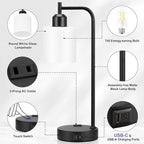 Industrial Touch Bedside Lamps for Bedrooms Set of 2 - 3-Way Dimmable Nightstand Lamps with USB C+A Ports and Outlet, Table Lamps with Opal Glass Shade for Living Room, Desk Lamps for Home Office