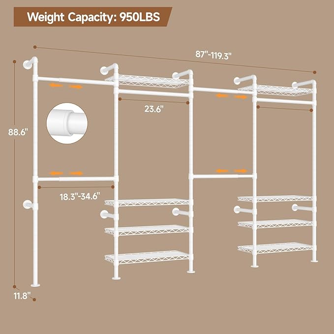 Wall Mounted Garment Rack, Industrial Pipe Metal Clothing Rack with 6 Hanging Rods (4 Expandable) & 8 Shelves, Closet Organizers and Storage System for Bedroom, Walk in Closet