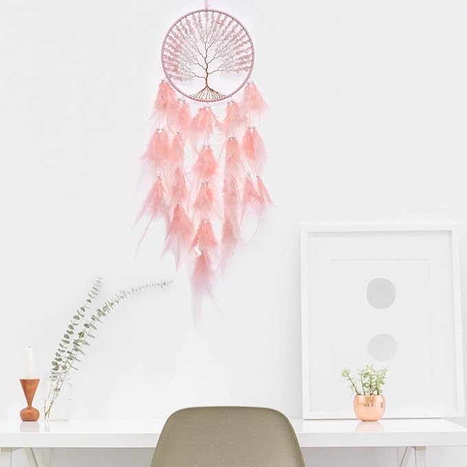 Pretty Jolly Pure Pink Tree of Life Dream Catcher Wall Decor with Healing Crystal Stone Handmade Feather Dream Catchers Decoration Wall Hanging Bedroom Living Room Wedding Party Home Decor-25.6"