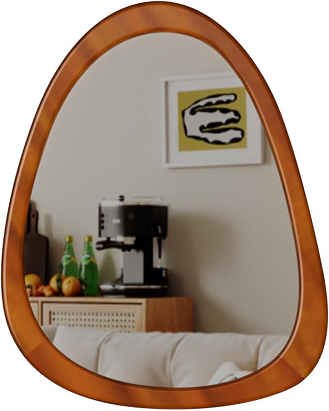 22" x 17" Irregular Wall Mirror, Wood Frame Asymmetrical Decorative Wooden Mirror for Living Room Bedroom Entryway Bathroom Hallway Home Decor Walnut Brown