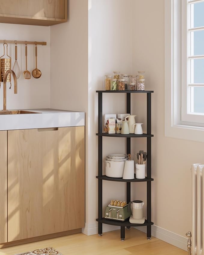 IBUYKE 4 Tier Corner Shelf Stand,Industrial Corner Display Rack,Corner Bookshelf for Living Room, Bedroom, Kitchen, Home Office, Black WBC014B