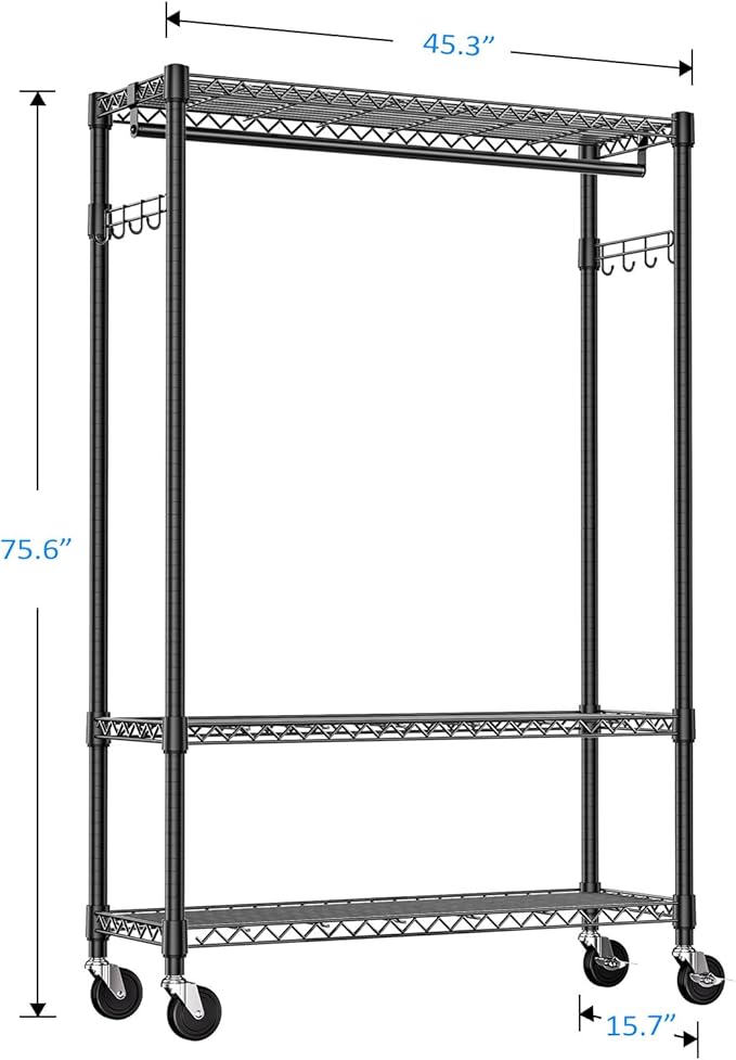 IZEUK Heavy Duty Rolling Garment Rack Wire Clothes Rack for Hanging Clothes (Black, 3 Tier with 1 Rod, 15.7" D x 45.3" W x 75.6" H)