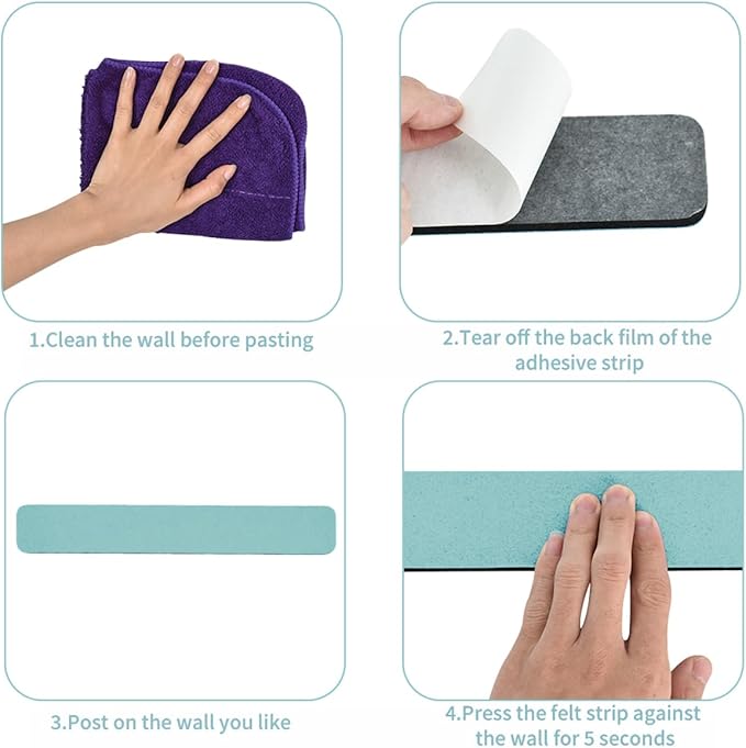 Vuzvuv 8 pcs Bulletin Board Bar Strips with 50 Pushpins & 10 Wooden Clip pins，Self Adhesive Cork Board for Wall，Felt Pin Board for School，Office Decor(Mint Green)