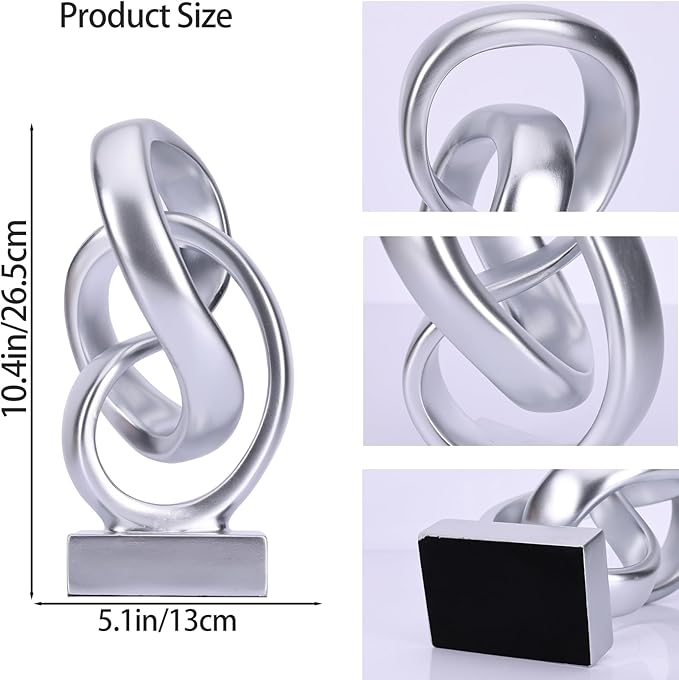 DOVDOV Abstract Silver Knot Sculpture, Geometric Decorative Statue, Silver Accent Piece for Living Room Coffee Table or Bookshelf Surface, Office TV Cabinet or entryway Console Table Decoration.