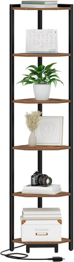 Hzuaneri Corner Shelf with LED Light, 6-Tier Corner Bookshelf, Tall Narrow Display Bookcase with Metal Frame, Standing Shelf for Small Space, Living Room, Home Office, Bedroom, Rustic Brown CS66601B