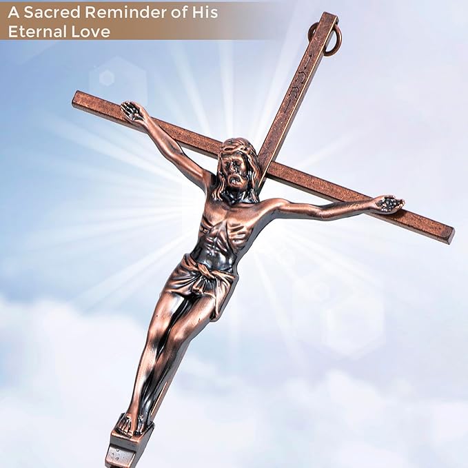 ACHIBANG 10" Crucifix Wall Cross – Antique Copper Catholic Jesus Wall Crucifix for Home or Over-the-Door Blessing