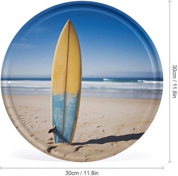 Wall Picture, with Beach Surfboard Printed Circular Iron Hanging Picture,Wall Art Decor,Home for Bedroom Living Room Bathroom Decor,Iron Painting 11.8X11.8 in