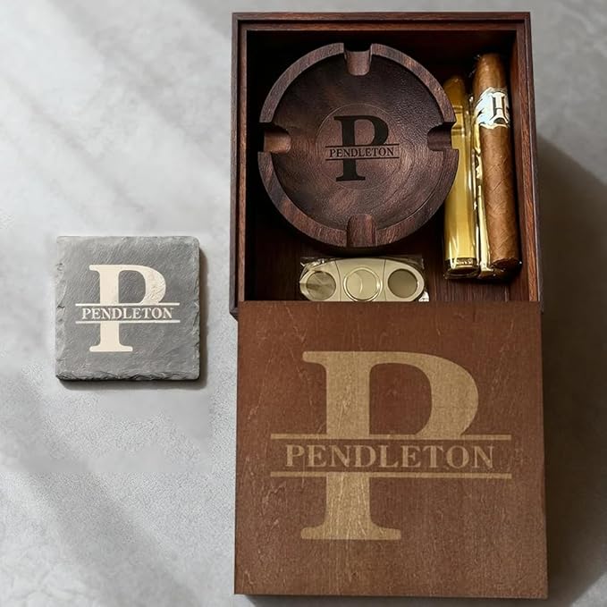 Personalized Name Walnut Cigar Ash Tray Set for Men Custom Wooden Cigar Ashtray Set for Men Father's Day Ashtray Gifts for Husband Fathers Groomsmen Papa Grandpa (Rounded Bowl Set)