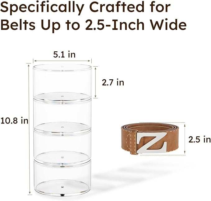 FEMELI Belt Organizer, Acrylic Belt Storage Holder for Closet & Drawer, 4-Layer Stackable Display Case for Belts, Watches, Jewelry and Ties