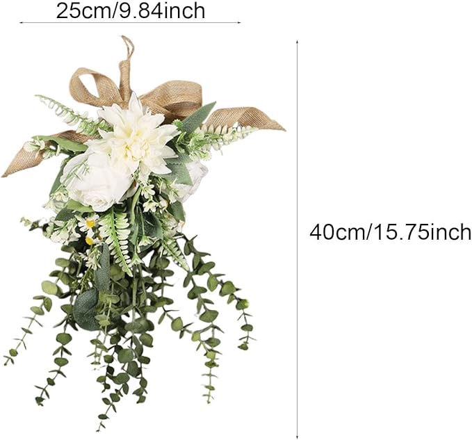Qianly Artificial Floral Swag Garland Outdoor Indoor, Decorative, Flower Teardrop Wreath, Hanging for Office Holidays Festivals Wall, White