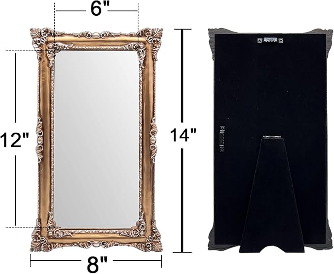 Vintage Mirror 8x14 Inch, Antique Ornate Decorative Mirror for Desk & Wall, Small Vanity Mirror for Makeup Wall Decor, Bronze