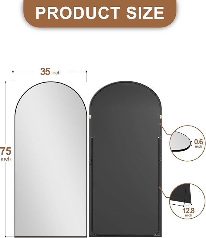 Delma Full Length Mirror, Large Floor Mirror for Wall, Bedroom, Bathroom, Living Room with Aluminium Frame (Stand, Arch 75x35-Black)