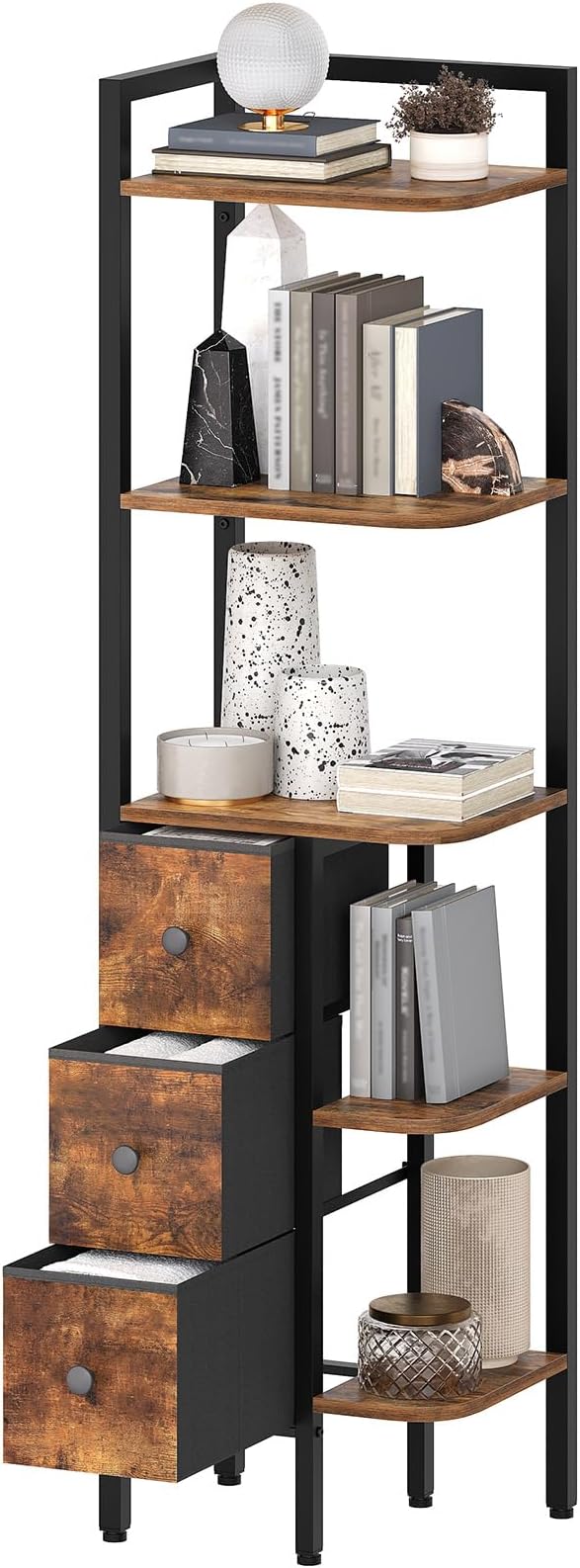 YATINEY Corner Shelf Stand, 5-Tier Corner Bookshelf with 3 Drawers, Industrial Display Shelf for Narrow Spaces, Wooden Small Bookcase, Easy Assembly, Rustic Brown and Black CJ10BR