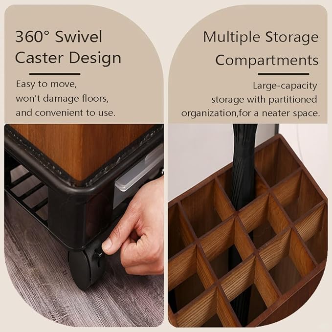zktoermn Square Umbrella Stand Rack with Wheels, Wooden Umbrella Organizer Bin, Retro Indoor Umbrella Holder for Entryway, Office, Home(Natural,42x28x61cm)