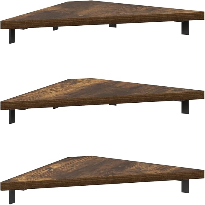 Furinno Rossi Triangle Floating Shelves for Wall, Set of 3 Geometric Corner Shelf, Wall Mounted Shelves for Bathroom, Home Office, Living Room, Amber Pine