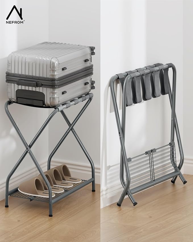 Luggage Rack with Storage Shelf, Foldable Suitcase Stand, Heavy Duty Metal Luggage Holder, 150 lbs Top Capacity, 50 lbs Bottom Shelf, for Guest Room, Bedroom, Hotel LR-GY-1