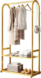 Gold Clothing Rack,Metal Garment Rack with Bottom Storage Shelves and 6 Side Hooks,modern Sturdy clothes racks for hanging clothes,Freestanding Wardrobe Rack for Bedroom or Boutique (L:31.5in)