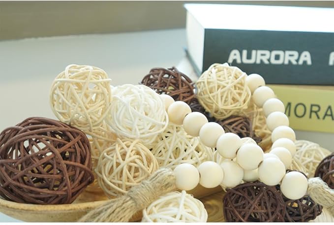 Qingbei Rina 20 PCS Wicker Rattan Balls,Decorative Balls for Bowls,Vase Filler for Centerpieces,Decorative Orbs Woven Spheres,Bowl Fillers Decor(Beige Brown White)