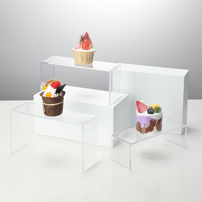 Goabroa 2 Sets 10 Pcs Clear Display Risers, Rectangular (7"-8"-9" L) Risers Display Stands, Table Stands for Jewelry, Cupcake, Perfume, Figures