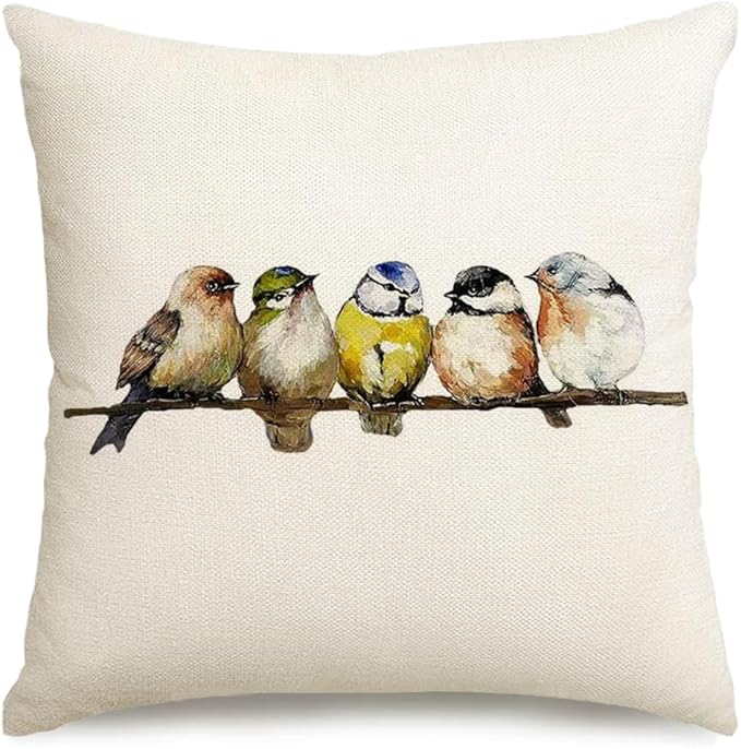 RABUSOFA 16x16 Watercolor Birds Pillows Decorative Throw Pillows Hand-Painted Oil Painting Rustic Birds Square Pillow Cases,Cute Colorful Spring Decorations for Home Couch Sofa Outdoor