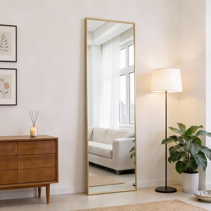 DUMOS 47"x14" Full Length Door Mirror, Full Body Mirror with Aluminum Alloy Thin Frame, Leaning or Hanging, Suitable for Bedroom, Livingroom, Cloakroom, Gold