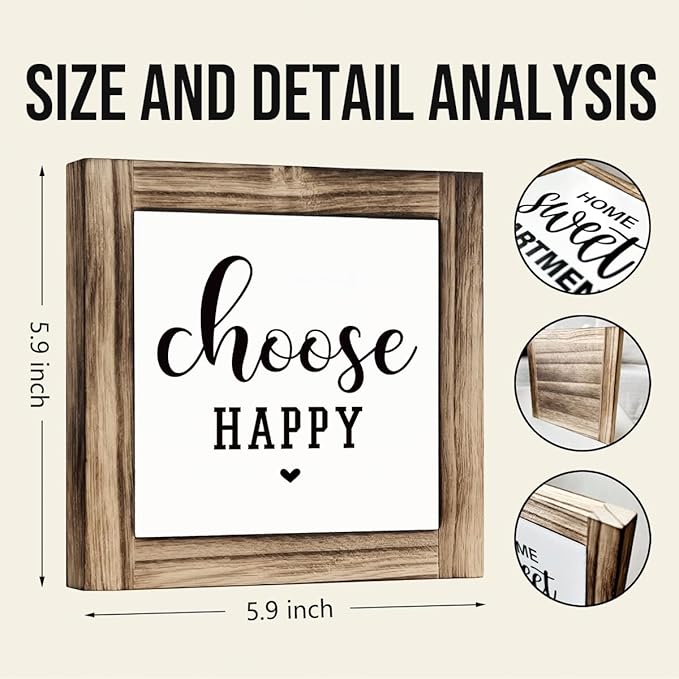 Positive Decor Signs, Happy Mindset Wood Sign, Decorative Wooden Box Signs, Farmhouse Desk Decor, Inspirational Home Office Decors, Housewarming Gift, Choose Happy Sign, 5.9×5.9 inches