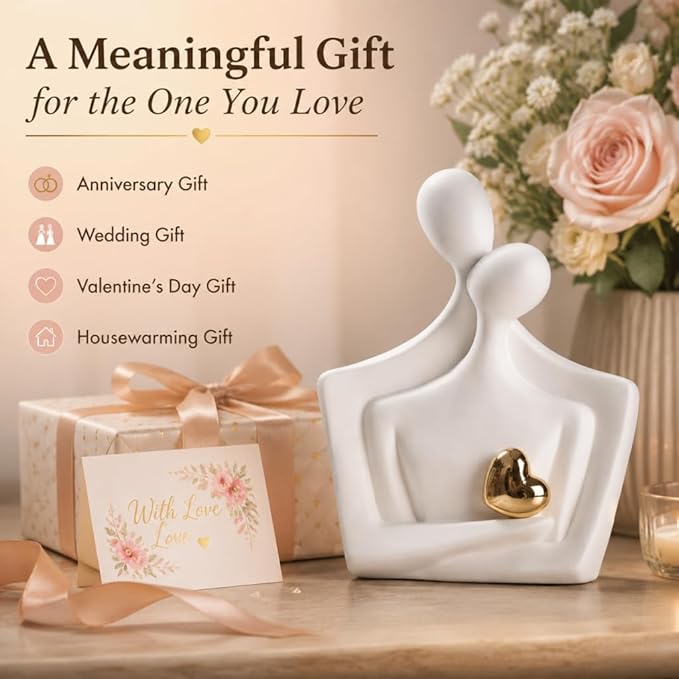 Ceramic Hugging Couple Statue with Gold Heart - Lover Figurine Home Decor Aesthetic, Romantic Gift for Her on Wedding Anniversaries and Valentine's Day Decor for Living Room Bedroom Shelf