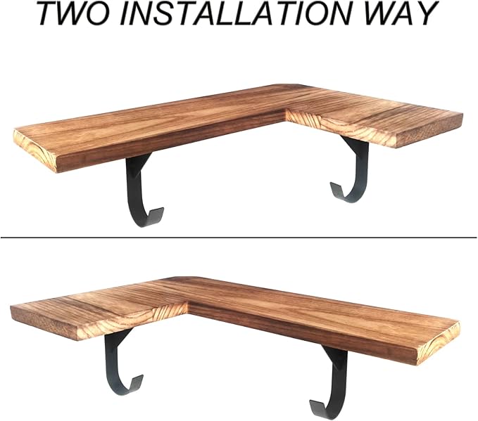 HAO Floating Corner Wall Shelves Rustic Wood Mounted Shelving L Shape Shelf with Cable Wire Hole Pattern for Bedroom Living Room Bathroom Carbonized Black 16 Inch Set of 2