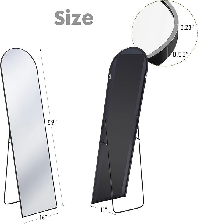 DUMOS 59"x16" Arched Full Length Mirror with Stand, Floor Standing Aluminum Frame, Shatter-Proof Nano Glass for Bedroom, Living Room, Cloakroom – Modern Simple Home Decor,Hanging or Leaning,Black