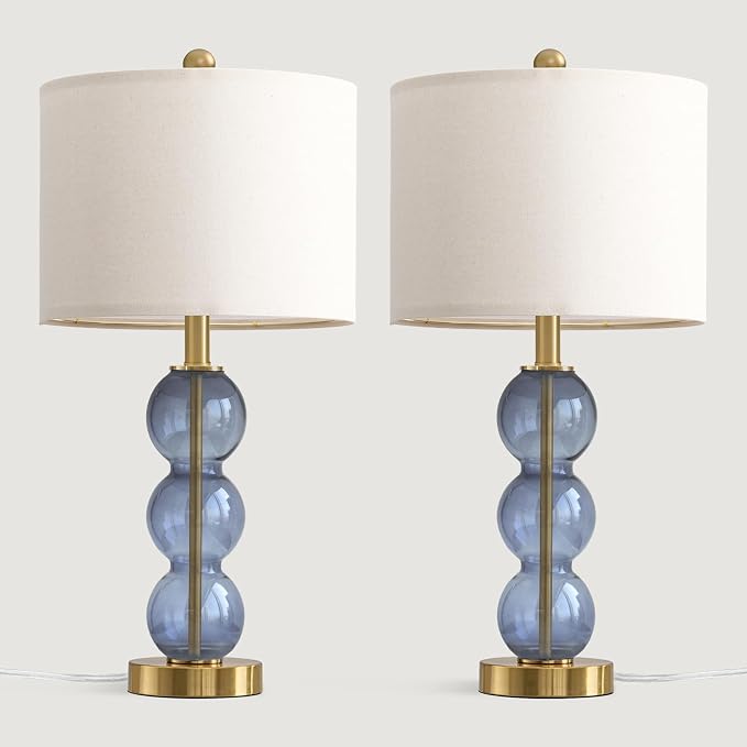 Oneach 25" Blue Table Lamps for Living Room, Glass Modern Table Lamp Set of 2, USB Charging Ports, Linen Shade, Bedside Lamps for Bedroom, Nightstand, Side Table