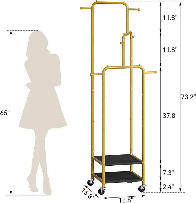 Chrislley Small Clothing Rack With Wheels, 71" Portable Rolling Garment Rack With 2 Shelves and 6 Hooks, 3-Section Different Heights Heavy Duty Metal Clothes Rack For Coats, Shirts, Bags, Shoes, Gold