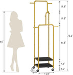 Chrislley Small Clothing Rack With Wheels, 71" Portable Rolling Garment Rack With 2 Shelves and 6 Hooks, 3-Section Different Heights Heavy Duty Metal Clothes Rack For Coats, Shirts, Bags, Shoes, Gold