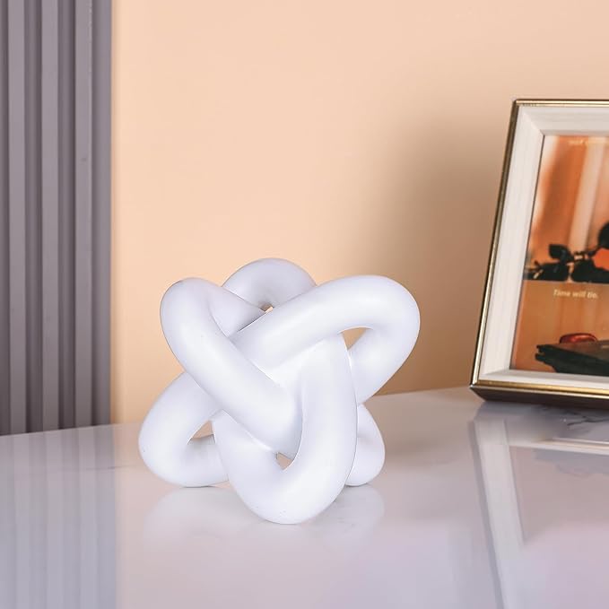 White knot sculpture, three-knot sculpture white home decor accent, suitable for rustic-style coffee table stands, living room TV cabinets, dining tables, entryway shelves, and small decorations.