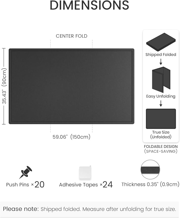 Fluxynara Large Bulletin Board, 59" x 35.4" Cork Board Alternative with 24 Safe Removable Adhesive Tabs, Foldable Felt Pin Board for Home Office, Classroom, Bedroom,Entryway for Walls—Black