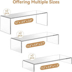 ANDGOO Large Acrylic Display Risers, 2 Sets(11.2”L~11.6”L~12”L) Clear Rectangular Showcase Collectibles Display Shelf, Retail Desktop Risers Display Stand for Organize and Decoration