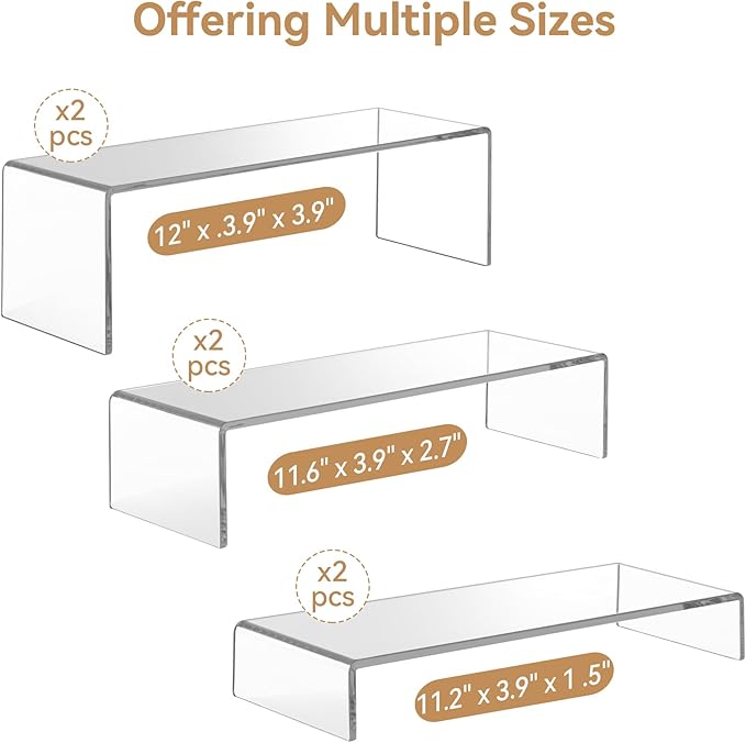 ANDGOO Large Acrylic Display Risers, 2 Sets(11.2”L~11.6”L~12”L) Clear Rectangular Showcase Collectibles Display Shelf, Retail Desktop Risers Display Stand for Organize and Decoration