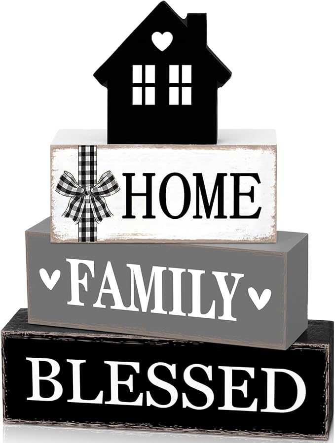 Cinnvoice 4 Pcs Farmhouse Tabletop Decor Rustic Family Blessed Home Table Centerpiece This Is Us Sign for Kitchen Shelf Desk Fireplace Mantel Tiered Tray Decor(Neutral Home Family Blessed)