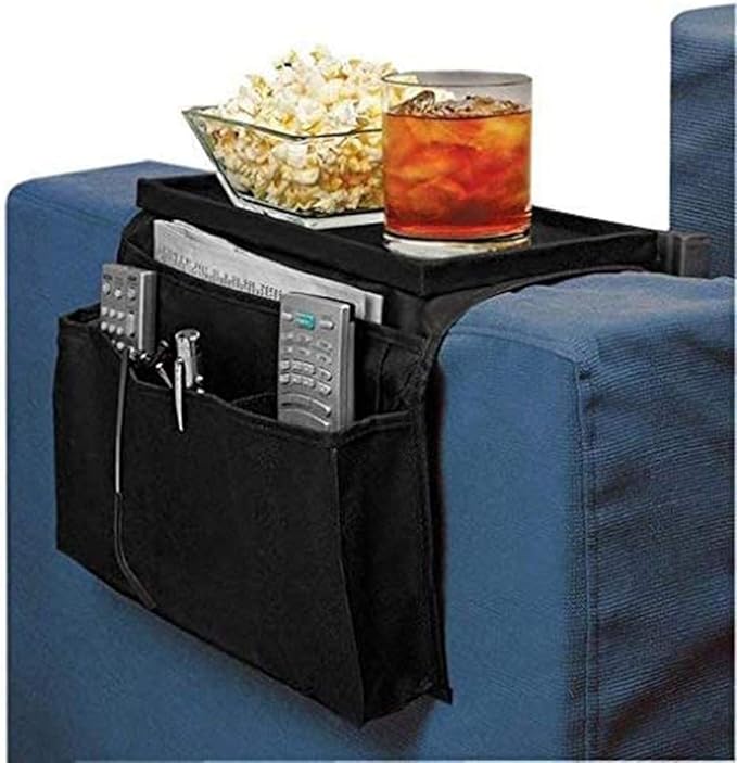 Sofa Armrest Organizer, Couch TV Remote Storage Organizer with Pockets for Recliner Armchair Snacks Glasses Smartphone Magazines Pouch (Brown)